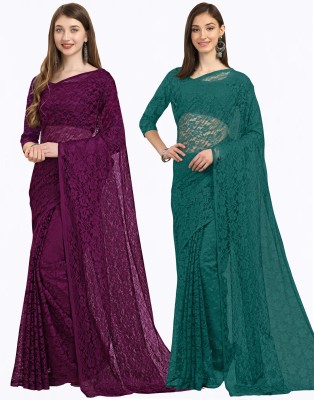 Sarvada Embellished, Embroidered, Floral Print Bollywood Net, Brasso Saree(Pack of 2, Purple, Green)