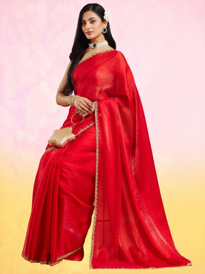 Croza Solid/Plain Chanderi Chiffon, Tussar Silk Saree(Red)