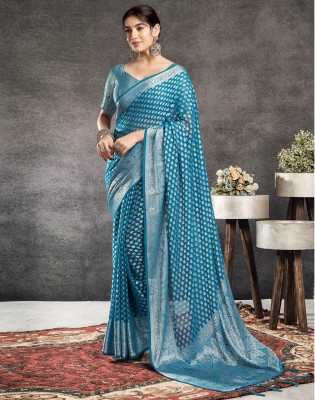 Satrani Dyed, Self Design, Woven, Embellished Banarasi Georgette Saree(Blue, Silver)