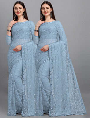 LOROFY Self Design Bollywood Net Saree(Pack of 2, Blue)