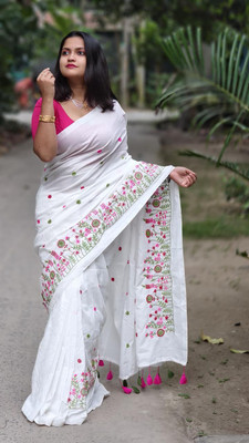 JHILUU Embroidered Handloom Pure Cotton Saree(White)