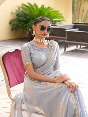 Tasrika Embellished Bollywood Tissue Saree(Grey)