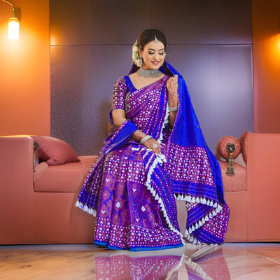 GRUJHA Self Design Mekhela Chador Silk Blend Saree(Blue)