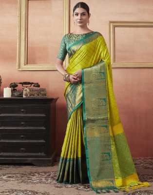 Samah Woven, Embellished, Self Design Kanjivaram Jacquard, Cotton Silk Saree(Green, Gold)