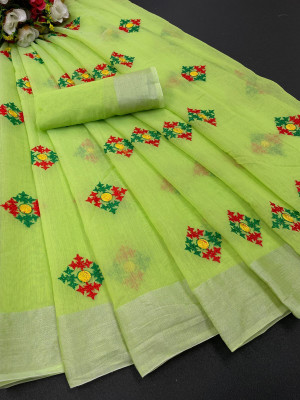 KRIVITY Embroidered Chanderi Cotton Linen Saree(Light Green)