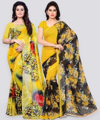 Anand Sarees Floral Print Daily Wear Georgette Saree(Pack of 2, Yellow, Mustard)