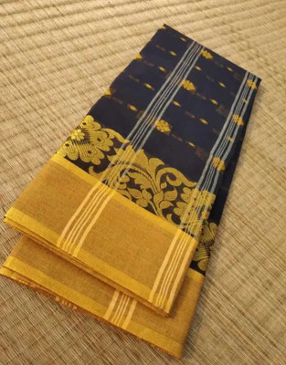 N HANDLOOM Solid/Plain Tant Pure Cotton Saree(Dark Blue, Yellow)