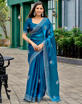 Satrani Embroidered, Embellished Bollywood Tissue, Art Silk Saree(Blue)