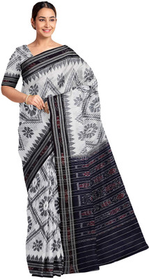 handloom paridhaan Hand Painted, Self Design Handloom Pure Cotton Saree(White, Black)