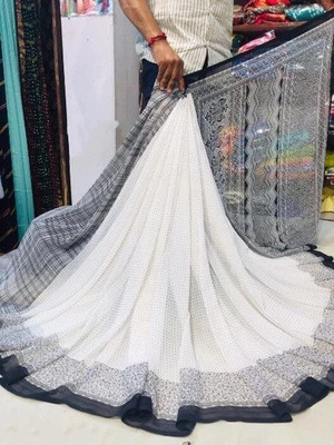 HouseOfCommon Printed Jamdani Cotton Blend Saree(White, Black)