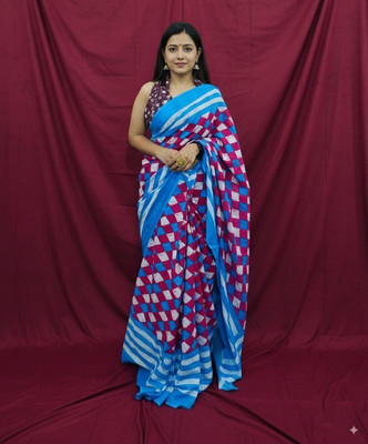Reet Designer Printed, Geometric Print, Striped Daily Wear Cotton Blend Saree(Multicolor, Blue, Magenta)