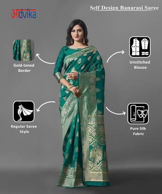Aadvika Self Design Banarasi Cotton Blend, Pure Silk Saree(Dark Green, Beige)