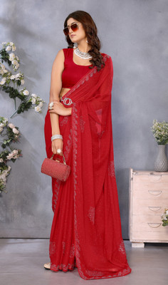 Divastri Solid/Plain Bollywood Georgette Saree(Red)