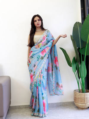ANOUK Printed Chanderi Chiffon Saree(Blue)