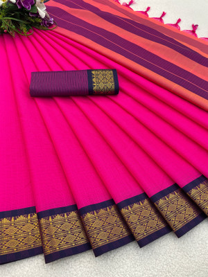 KanjiQueen Checkered Jamdani Silk Blend, Cotton Blend Saree(Pink, Dark Blue)
