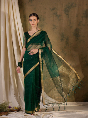 Kalista Woven, Embellished, Self Design Banarasi Organza, Silk Blend Saree(Green)