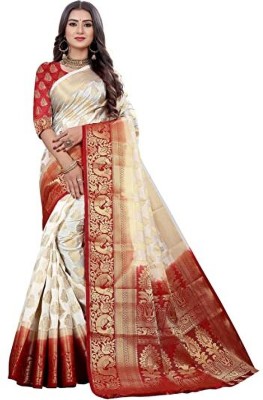 Madhurya fashions Printed Kanjivaram Cotton Silk Saree(White)