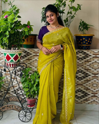 KANDORA Embroidered Chanderi Silk Blend Saree(Yellow)