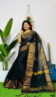Laxmi Textile Woven, Solid/Plain Handloom Cotton Linen Saree(Black)
