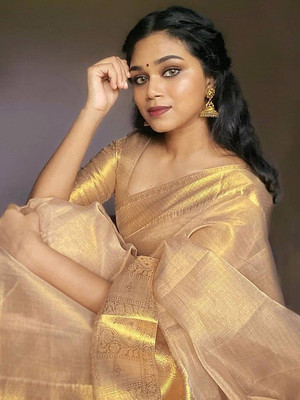 Druxy Solid/Plain Kota Doria Linen Saree(Beige)