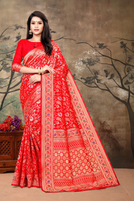 VARNI DESIGNER HUB Floral Print Banarasi Silk Blend Saree(Red)