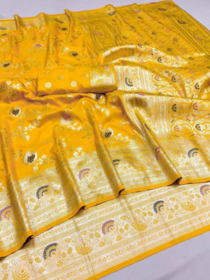 KALKEE FASHION Woven Banarasi Jacquard, Pure Silk Saree(Yellow)