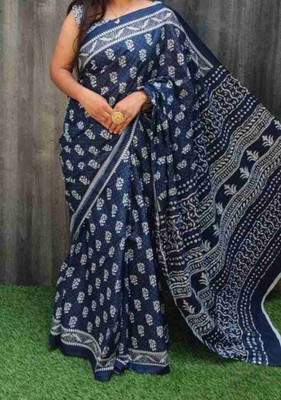 JAIPURI BLOCK PRINT Blocked Printed, Color Block, Dyed, Floral Print, Printed Daily Wear Pure Cotton Saree(Blue)