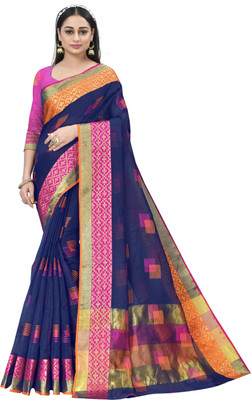 Moda Rapido Self Design, Woven, Embellished, Temple Border Kota Doria Pure Cotton, Cotton Silk Saree(Blue)