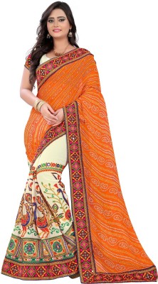 Arriva Fab Printed Bandhani Georgette Saree(Multicolor, Orange)