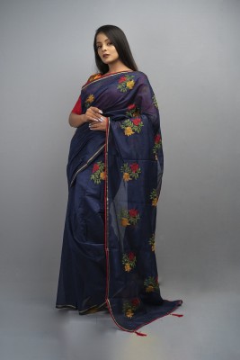 DHRUV CREATION Embroidered Chanderi Chanderi Saree(Dark Blue)