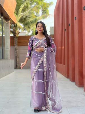 Pushti Creation Embroidered Kalamkari Net Saree(Purple)