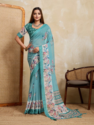 RekhaManiyar Printed Saree with Attached Blouse Georgette Saree(Blue)