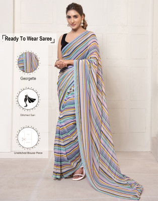 Samah Printed, Striped Bollywood Chiffon, Georgette Saree(Grey, Multicolor)