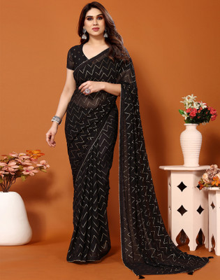 Samah Geometric Print, Embellished, Printed Bollywood Georgette Saree(Black)