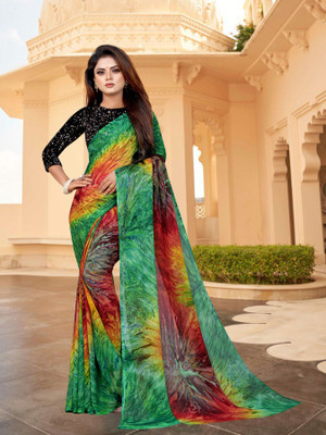 RAJESHWAR FASHION Printed Bollywood Georgette Saree(Light Green, Multicolor)