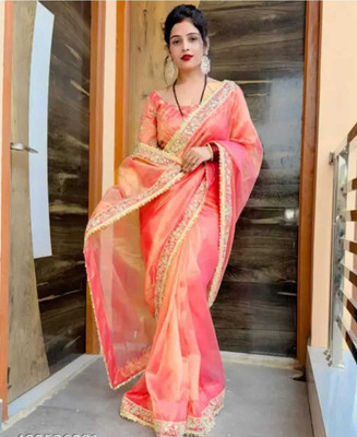 solid hendloom plus Embroidered Saree with Attached Blouse Net Saree(Orange)
