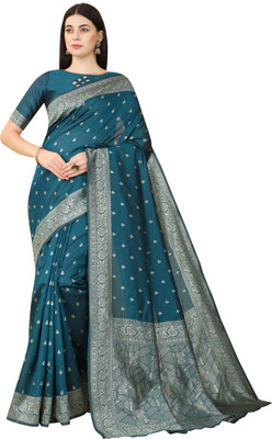 KRISHU ETHNICS Applique Banarasi Art Silk Saree(Dark Green)