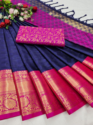 SHIVAY FASHION Self Design Dharmavaram Jacquard Saree(Dark Blue)