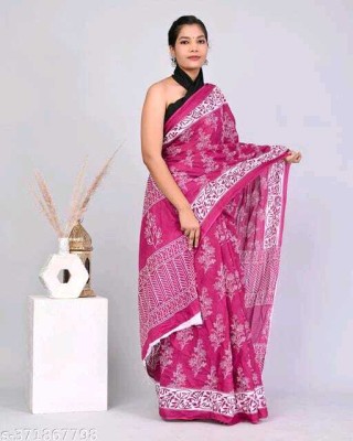 JAIPURI BLOCK PRINT Blocked Printed, Color Block, Dyed, Floral Print, Printed Daily Wear Pure Cotton Saree(Magenta)