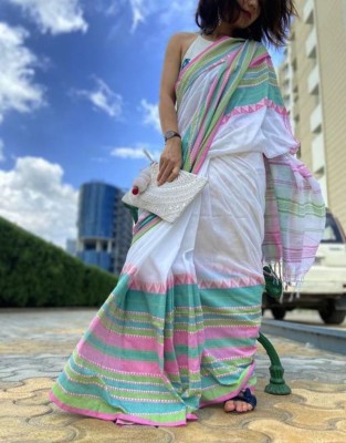 Bhadra Self Design Handloom Pure Cotton Saree(White, Light Blue, Pink)