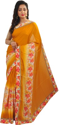 Avik Creations Self Design, Embroidered, Embellished, Floral Print Bollywood Chiffon Saree(Yellow)