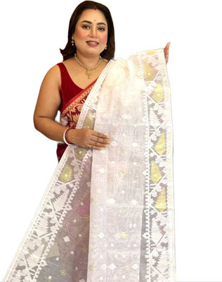 SP Boutique Woven Jamdani Cotton Silk Saree(White)