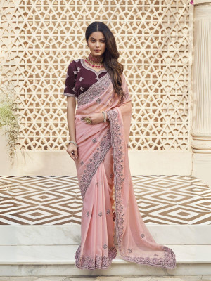 odette Embroidered Saree with Attached Blouse Georgette Saree(Pack of 2, Pink)