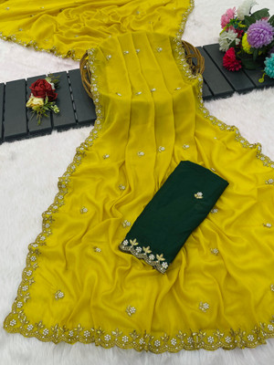 KanjiQueen Self Design, Embellished, Embroidered Saree with Attached Blouse Georgette, Silk Blend Saree(Green, Dark Green)