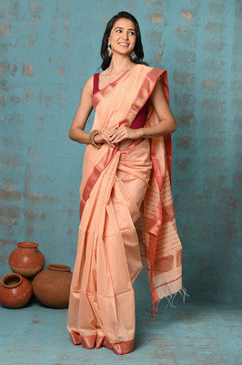 Very Much Indian Woven Maheshwari Cotton Silk Saree(Beige)