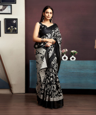 Samah Geometric Print, Printed Bhagalpuri Khadi Saree(Black, White)