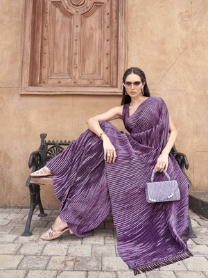 Tikhi Imli Self Design Saree with Attached Blouse Satin Saree(Purple)