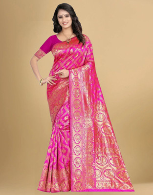 Anmi Woven Banarasi Jacquard, Silk Blend Saree(Pink, Gold)