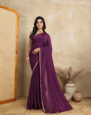 Gajal Solid/Plain Saree with Attached Blouse Chiffon Saree(Purple)