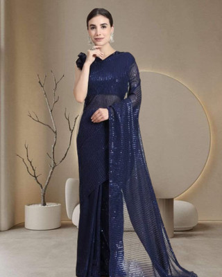 Jayu Digital Print, Dyed, Embroidered, Printed, Self Design, Striped Bollywood Georgette Saree(Dark Blue)